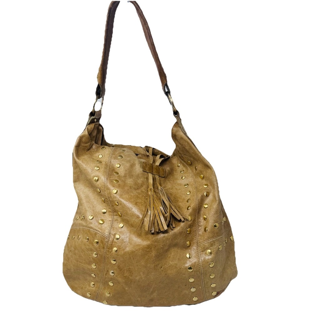 Sabina New York Brown Leather Hobo Bag Purse Handbag Studs Braided Strap